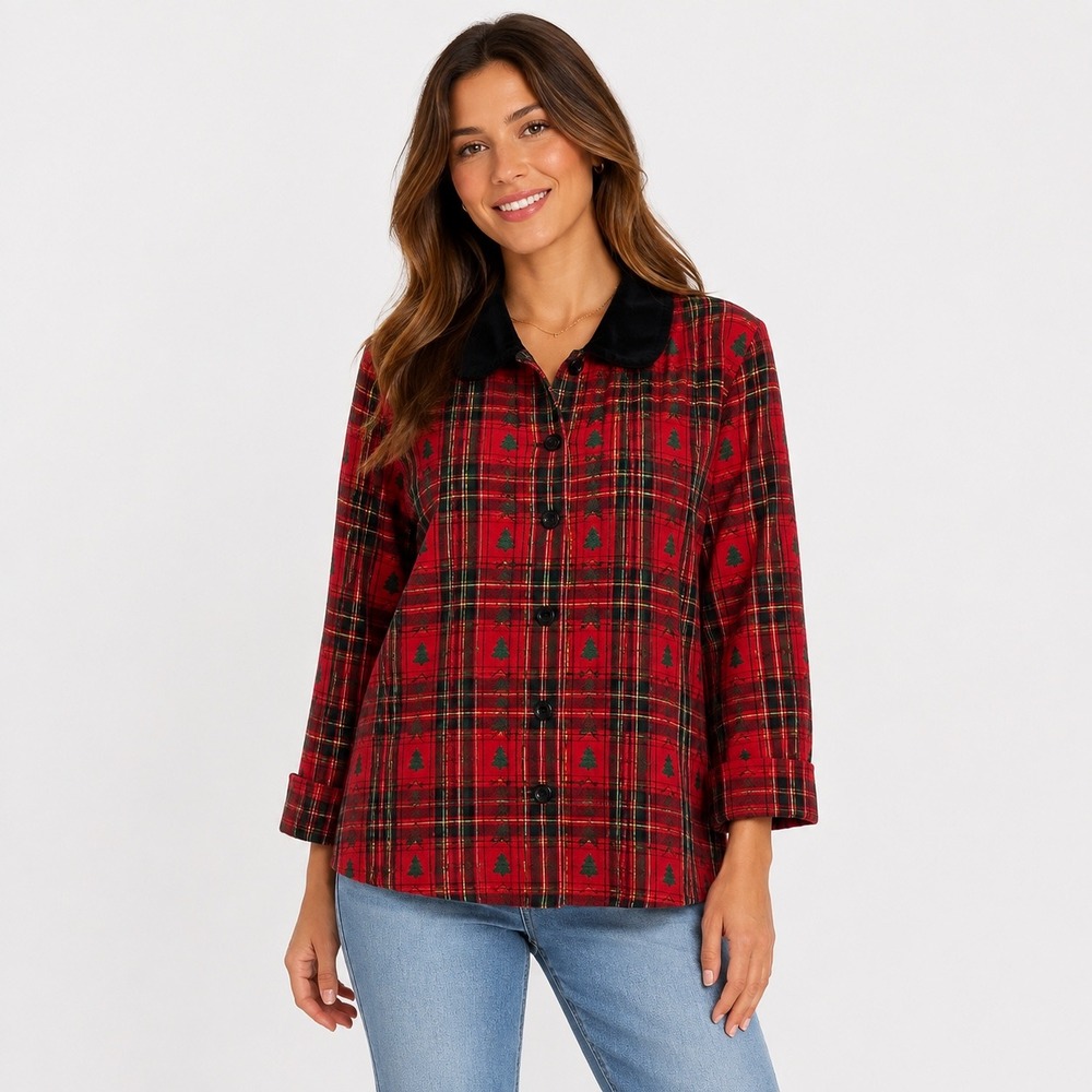 Krazy Kat Button Down Shirt XL Red Plaid Christmas Tree Velvet Collar Metallic